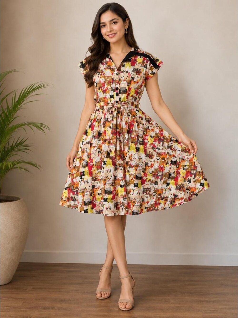 Unique Vintage Cat Print Dress